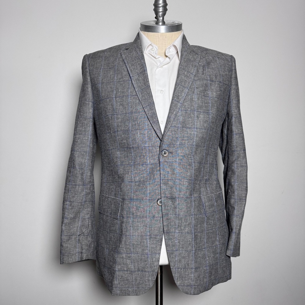 Tasso‎ Elba Island Blazer Mens L 42-44 Gray Windowpane Linen Cotton Sport Coat